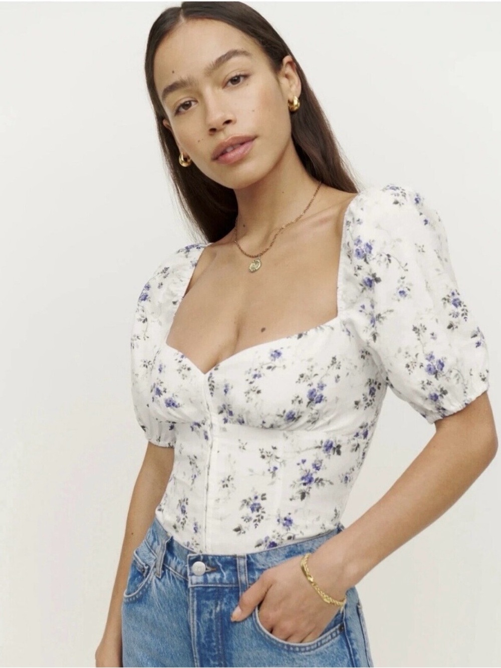 Reformation White Puff-Sleeve Crop Top with Blue Floral Print